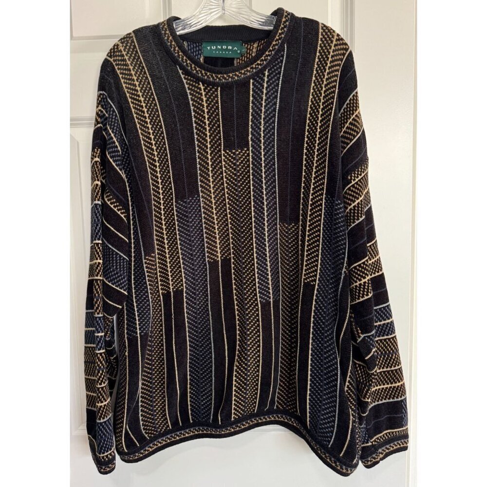Vintage Tundra Canada Sweater Black Striped Cosby Grandpacore Retro Mens Large L